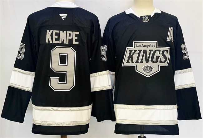 Mens Los Angeles Kings #9 Adrian Kempe Black 2024-25 Home With A Patch Stitched Hockey Jersey